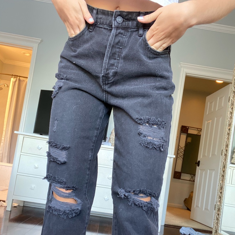 Black distressed straight mom jeans!